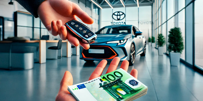 myy autosi. kuvassa käsi antaa auton avaimen ja toinen käsi tukon rahaa. taustalla autoliike.