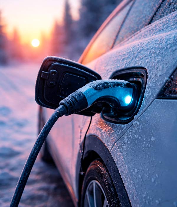 Sähköauto latauksessa Suomessa. Teköälyn luoma kuva.