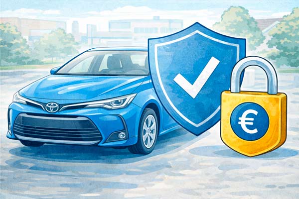 piirroskuva Toyotasta ja iso kilpi ja lukko kuvastaa auton vakuutusta. AI:n luoma kuva.