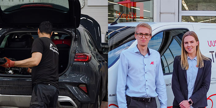 Kuvassa vasemmalla henkilö korjaa autoa ja oiekalla puolella kaksi automyyjää hymyilee toyota-pakettiauton edessä.  
